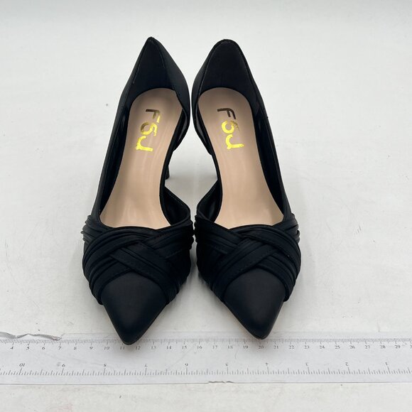 FSJ Black Mid Heels Pointed Toe Slip on Pumps D'Orsay Pleated Satin Shoes - Picture 3 of 8